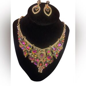 Gold tone Pink Colorful Statement Necklace and Earrings